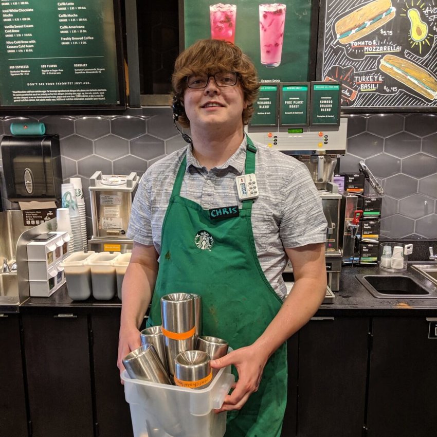 Christian working a shift as a Starbucks barista.